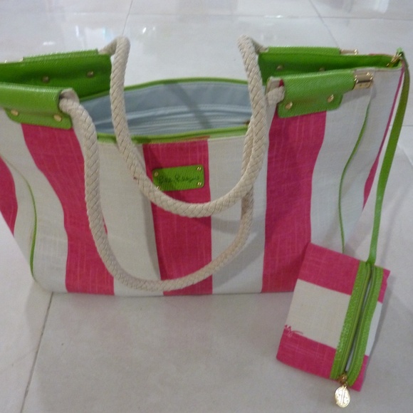 Lilly Pulitzer Striped Large Canvas Tote Bag PINK White GREEN  2 Piece 15 X 12'' - Picture 1 of 14